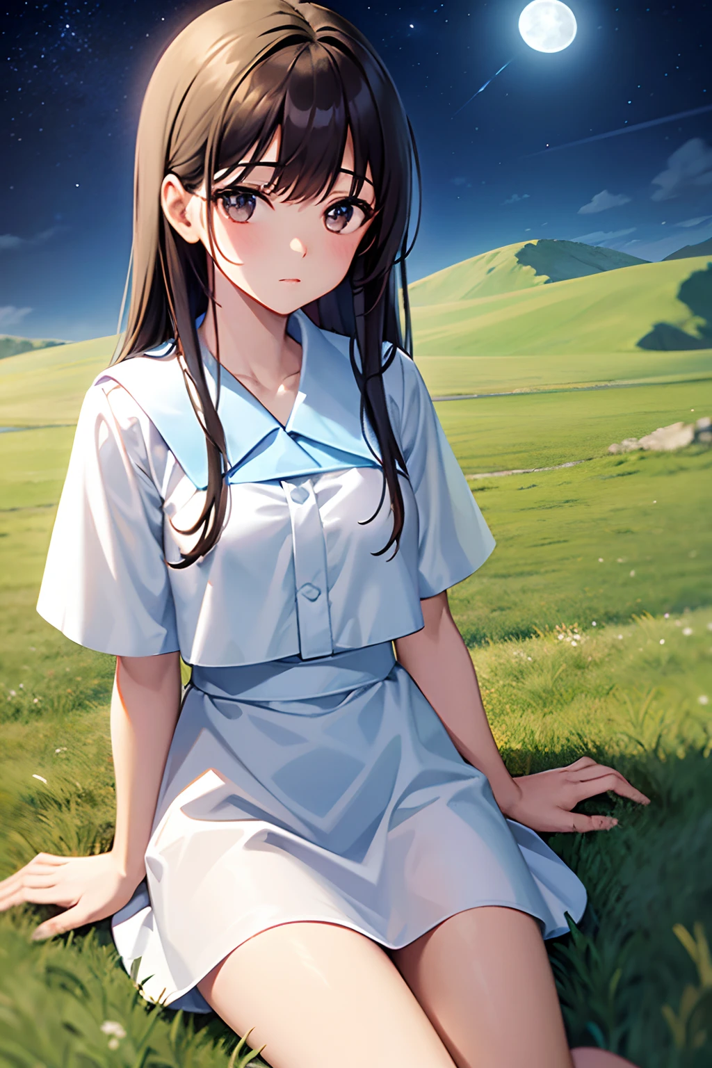 girl, white toga, with long brown hair, on a mountain, grass on the ground, peak, blue stars in the sky, White Moon, 4k, Night, Looking at Viewer