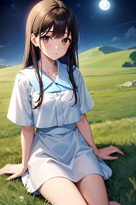 girl, white toga, with long brown hair, on a mountain, grass on the ground, peak, blue stars in the sky, white moon, 4k, night, ...