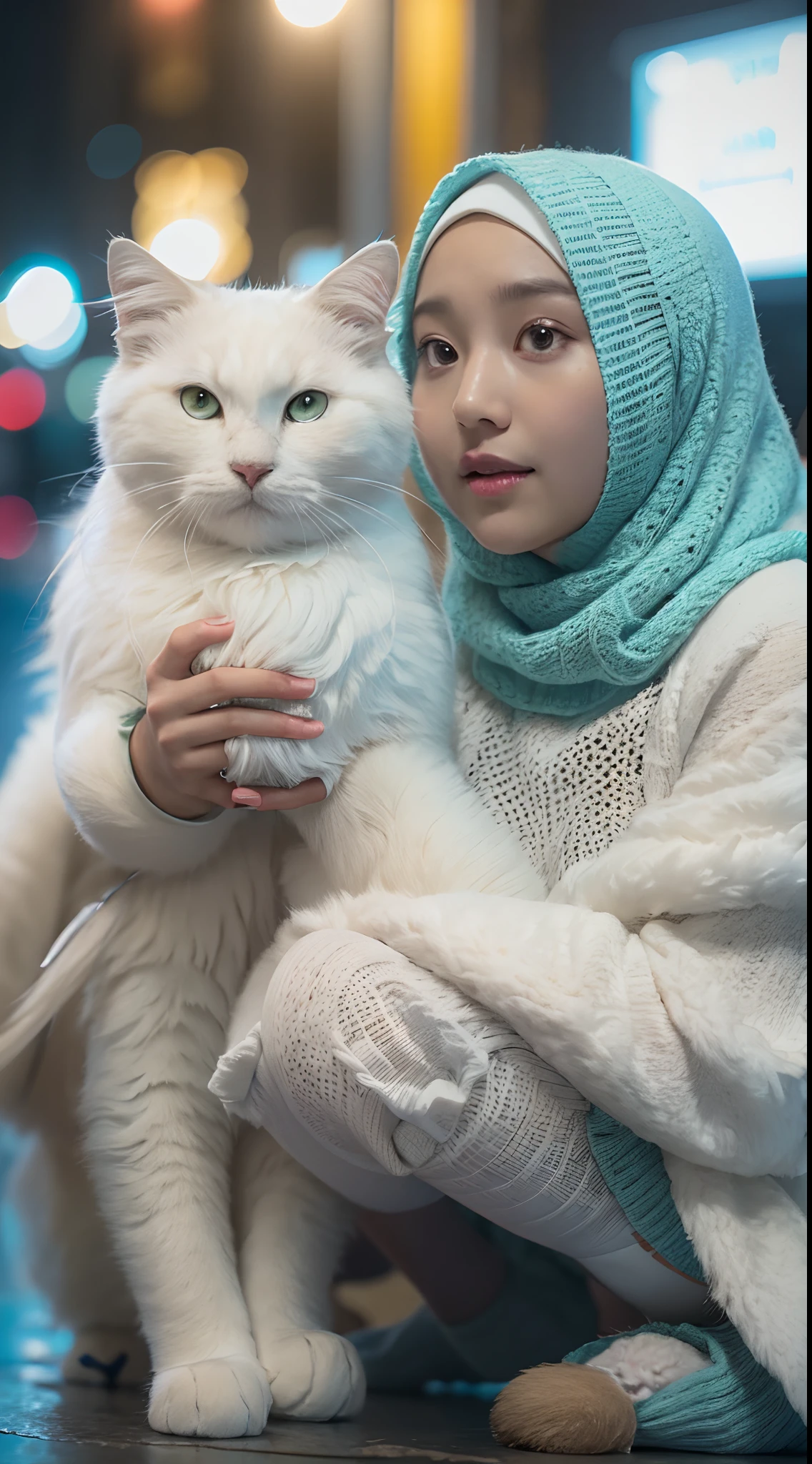 Малайская девушка пьет стакан молока в пастельно-голубом большом свободном вязаном свитере, хлопчатобумажных трусиках и длинных вязаных носках., позирует со своим очень большим белым пушистым котом на ночной улице КЛ, носить хиджаб, Милая белая кошка рядом с ней, хиджаб пастельных тонов,  тело, высокое качество, 8 мм, Крупным планом, цветокоррекция холодных тонов, глубина резкости, ультрадетализированный фильм-нуар, 8К,