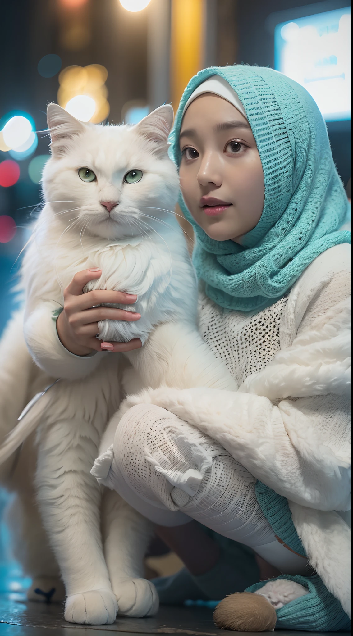 Malay girl drinking glass of milk wearing pastel blue big loose knitted sweater and cotton panties and long knitted sock, posing with her very big white fluffy cat in night KL city street, wearing hijab, cute white cat by her side, pastel color hijab, petite body, high quality, 8mm, Close-up shot, cool-toned color grading, depth of field, film noir ultra detail, 8k,