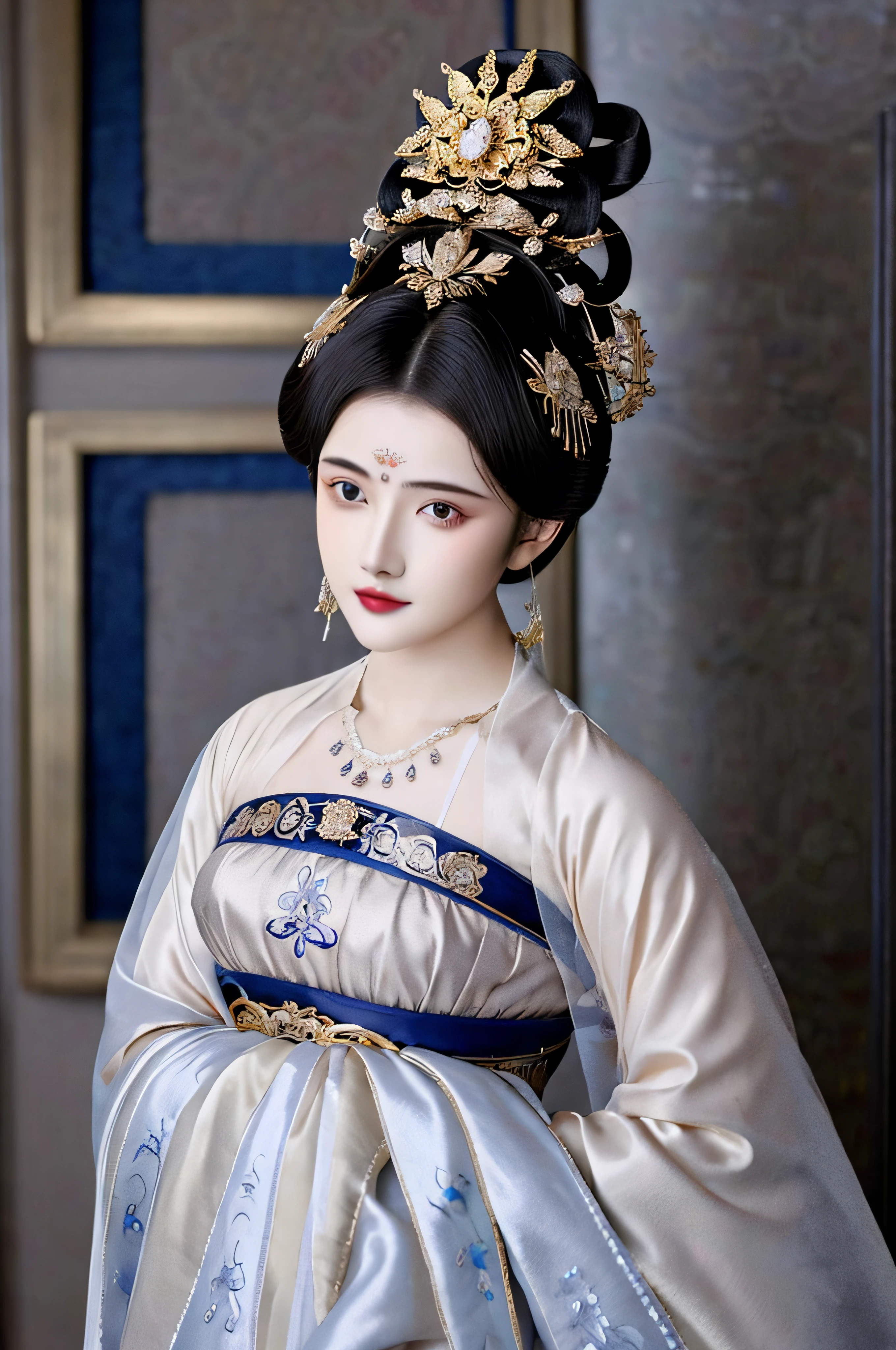 1girl, solo, masterpiece, extremely detailed gorgeous metal style, hair1yunbing, short hair, hair bun, big hair, hair up, updo, detailed eyes, Metal crown with ornate stripes, floating hair, detailed face, Clothes made of silver, Clothes with gold lace, ,