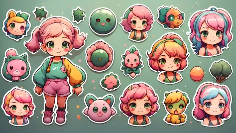 1girl ((20year old, multicolor pink hair, twin ponytails, green eyes:1.4, flirting, happy, big smile)) ((emote, sticker)) ((stickers)) white background:1.6, simple background