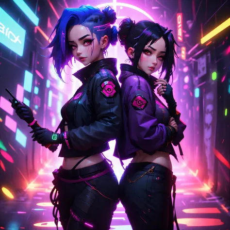 Jinx e Itachi Uchiha estavam em uma balada cyberpunk com neon roxo. Jinx tinha cabelos rosa vibrante e usava uma jaqueta de cour...