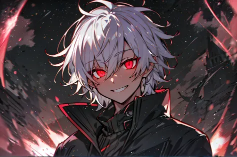 One Person,Anime boy with white hair and red eyes staring at camera, Glowing red eyes,slim, Black clothe,Shadow Body,monochromes...