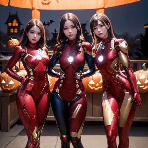 masterpiece, top-quality, top-quality, Beautifully Aesthetic:1.2, ((Three girls:1.2)), Halloween night, 
((Left girl is Wearing ...