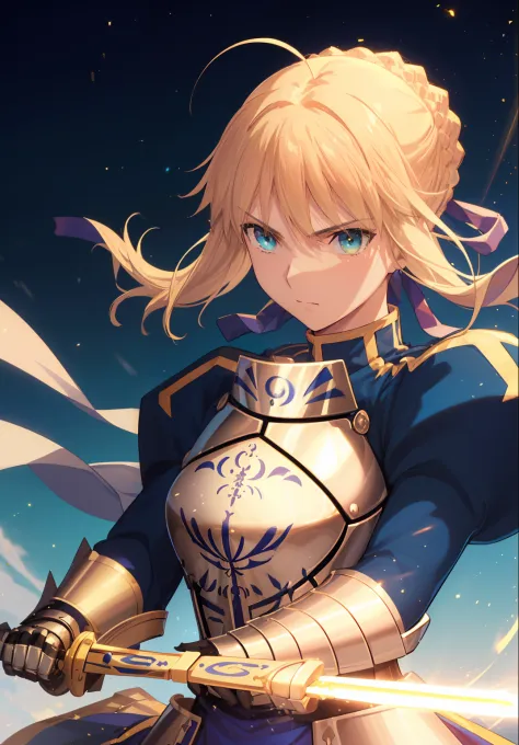 Best quality, Masterpiece,phSaber, phAltoria, 1girll, Solo, Armor, arma, sword, Glowing sword, glowing weapon, french braid, Armored dress, Glowing, mitts, Holding, chest plate, hair-bun, Upper body，Lion's ears，