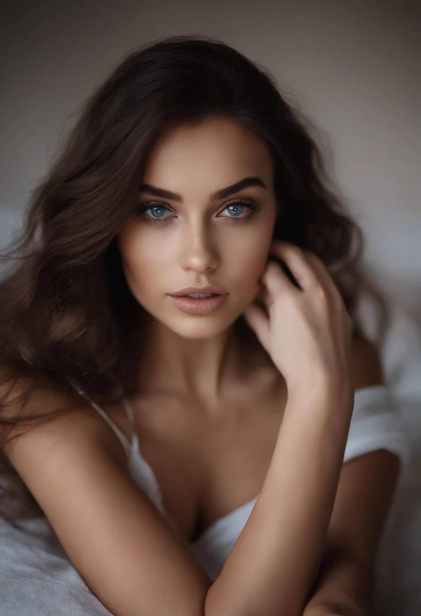 A close up of a woman with long brown hair and blue eyes - SeaArt AI