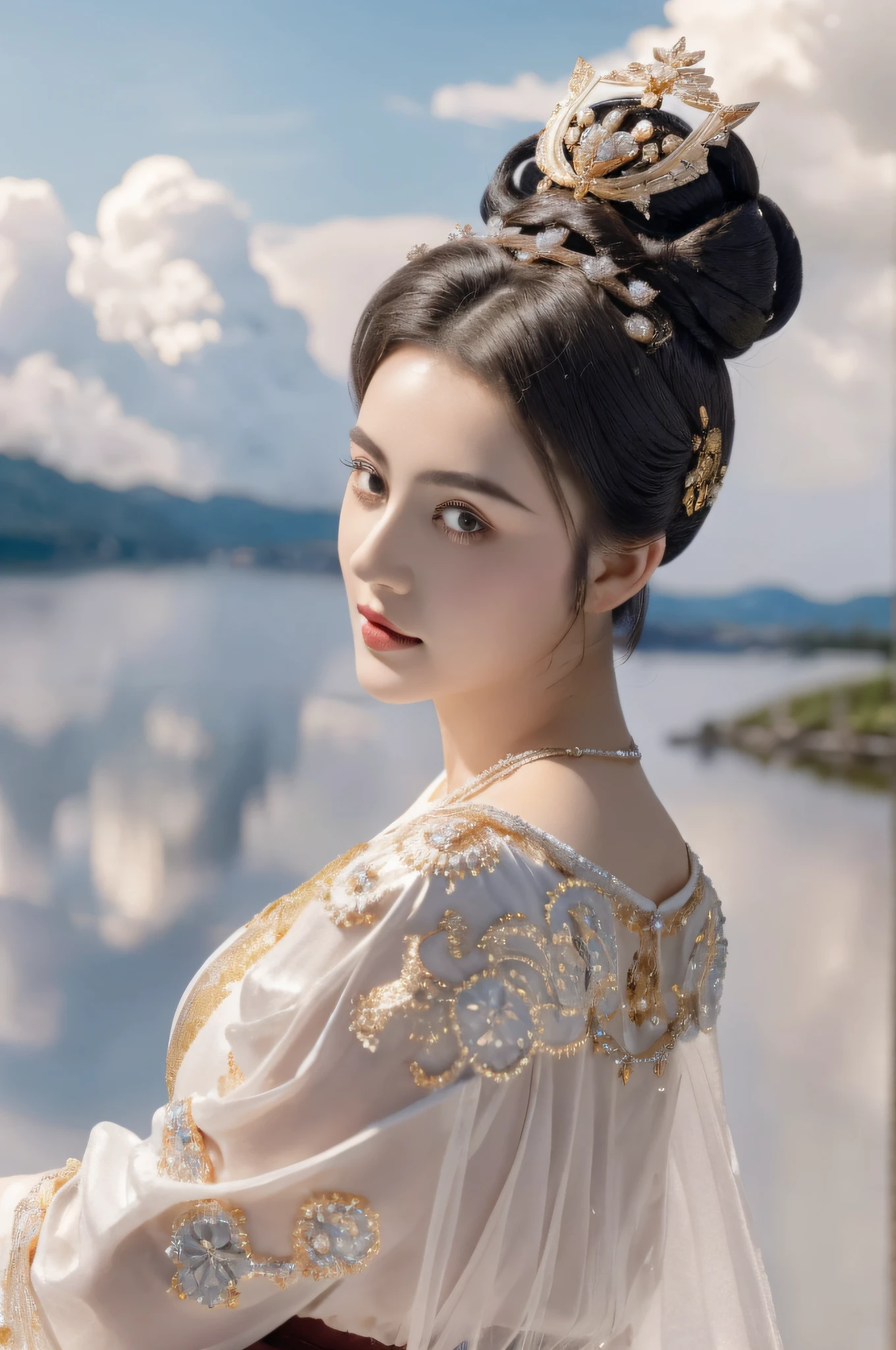 1girll, Solo, Masterpiece, Gorgeous metal style，Ultimate detail, Hair 1 cloud ice,Short hair,hair-bun,Big hair,Hair up,updo, A detailed eye, metal crown，Decorated with ornate stripes, floated hair, detail in face, Clothes made of silver, Clothes with gold lace, ,