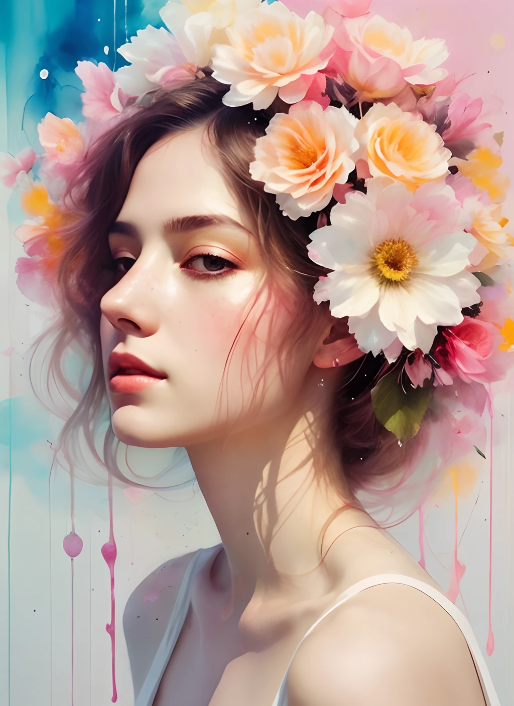 a abstract painting of woman blend with a flower by agnes cecile, luminous design, pastel colours, ink drips, summer lights, double exposure, artistic, aesthetic, unique