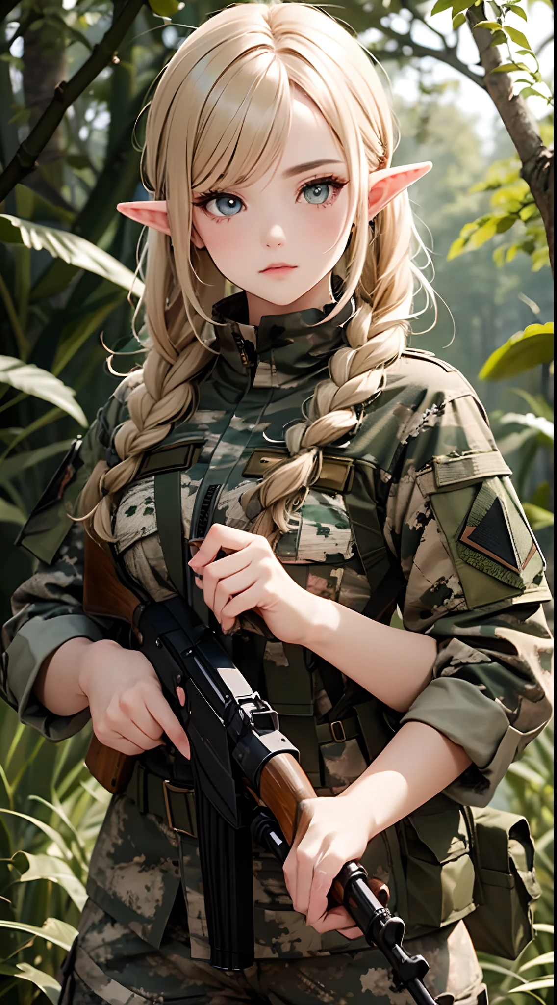 Soldado elfo feminino, vestindo uniforme militar de camuflagem de camuflagem de floresta manchada, Uniforme militar russo, olhos detalhados, mãos detalhadas, rosto detalhado, cabelo detalhado, (elfo com cabelo gonden), corte de cabelo trançado, segurando rifle de precisão, fundo da floresta