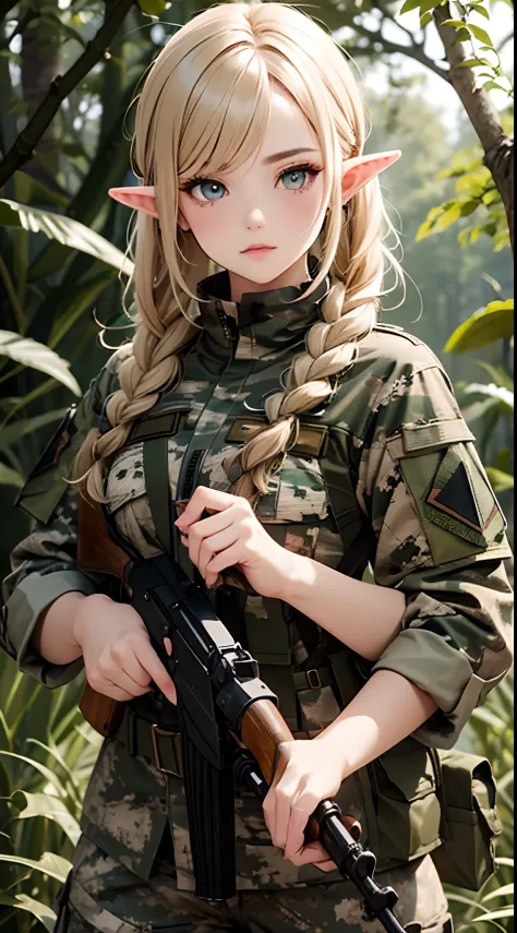 Female elf soldier, wearing Spotted forest camo Camouflage Military Uniform, russian military uniform, detailed eyes, detailed h...
