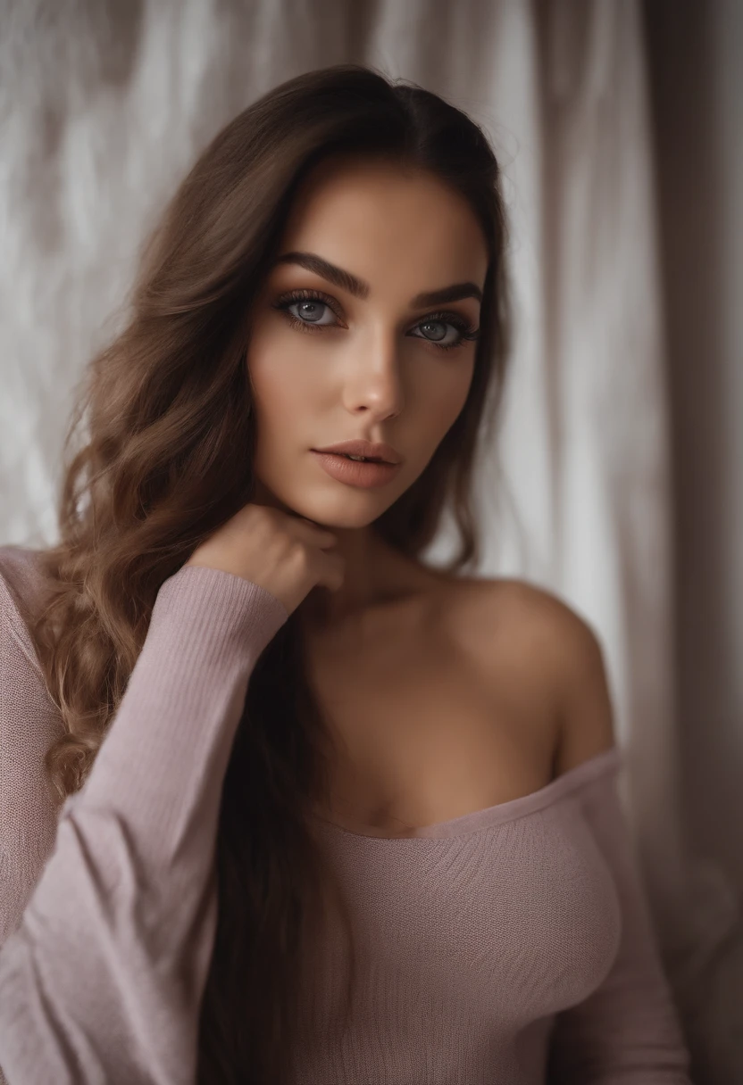 A woman with long hair wearing a pink sweater posing for a picture - SeaArt  AI