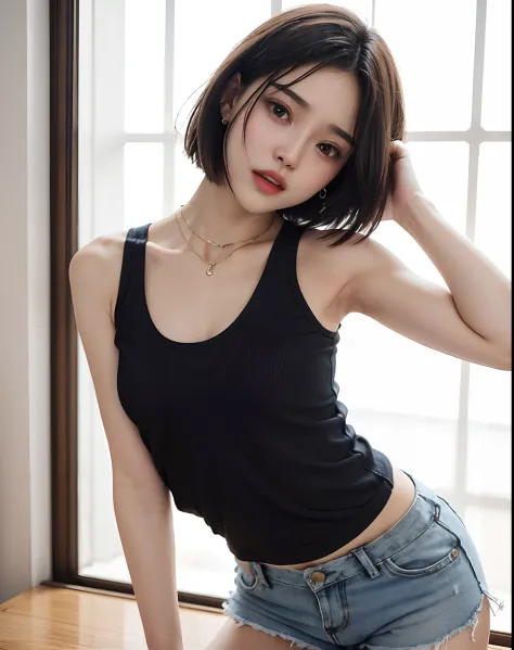 Woman wearing sweaty sports bra、(((flat chest)))、short-hair、Full Body  Pose、a necklace、ear piercings、sports ground、shortpants - SeaArt AI