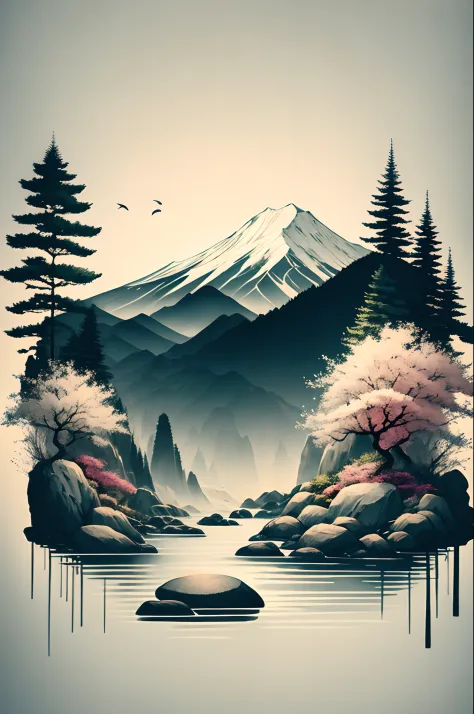 white background, scenery, ink, girl , sitting, black kimono,mountains,stones water, trees, colorful design
