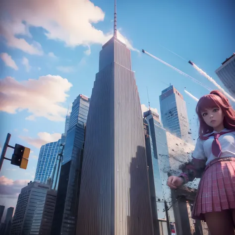 A giantess schoolgirl destroying a tiny skyscrapers city, pink hair, sport school uniform, standing girl, towering over city, hy...