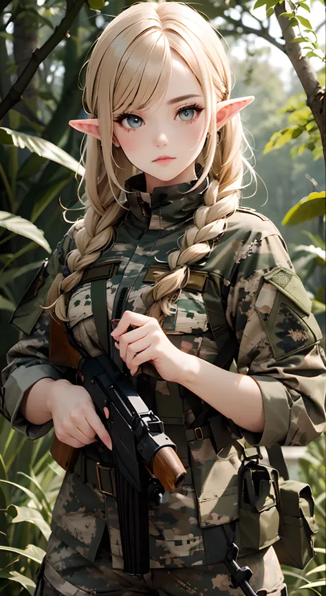 Female elf soldier, wearing Spotted forest camo Camouflage Military Uniform, Russian military uniform, detailed eyes, detailed hands, detailed face, detailed hair, (elf with gonden hair), braided haircut, holding sniper rifle, forest background