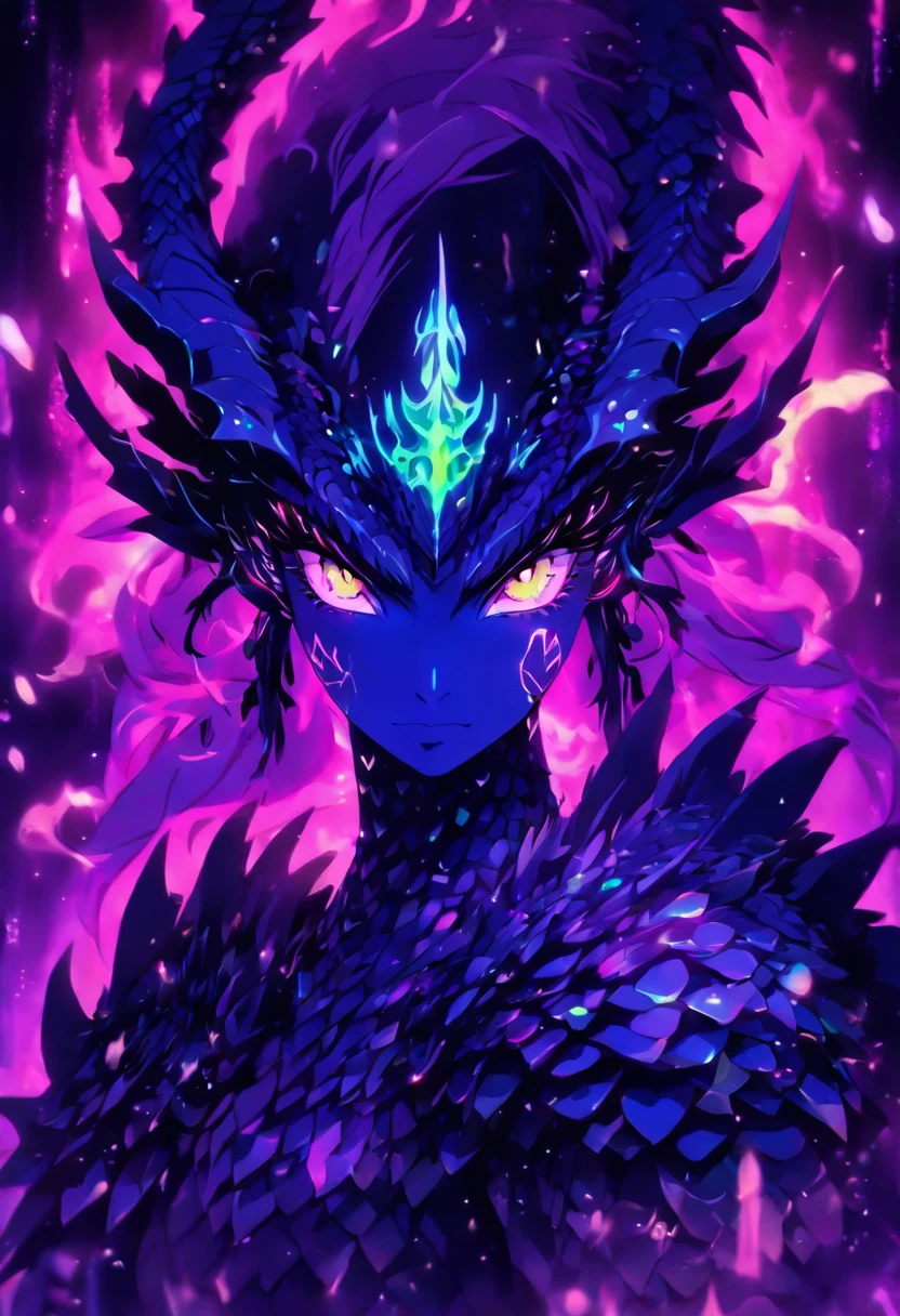 dragon girl, necrotic scales, black, purple, neon green, ominous glow, glowing, ghostly fire-colored eyes, wings with patterns reminiscent of interlocking computer codes, bone fragments protruding from wings, eerie aura, glowing runes, sharp claws, spectral hue, ethereal radiance, mythological creature,dragon ear