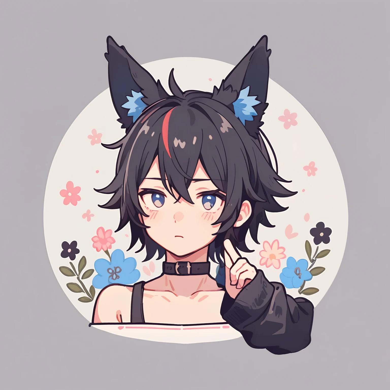 1boy, black hair, black eyes, blue wolf ears, cute