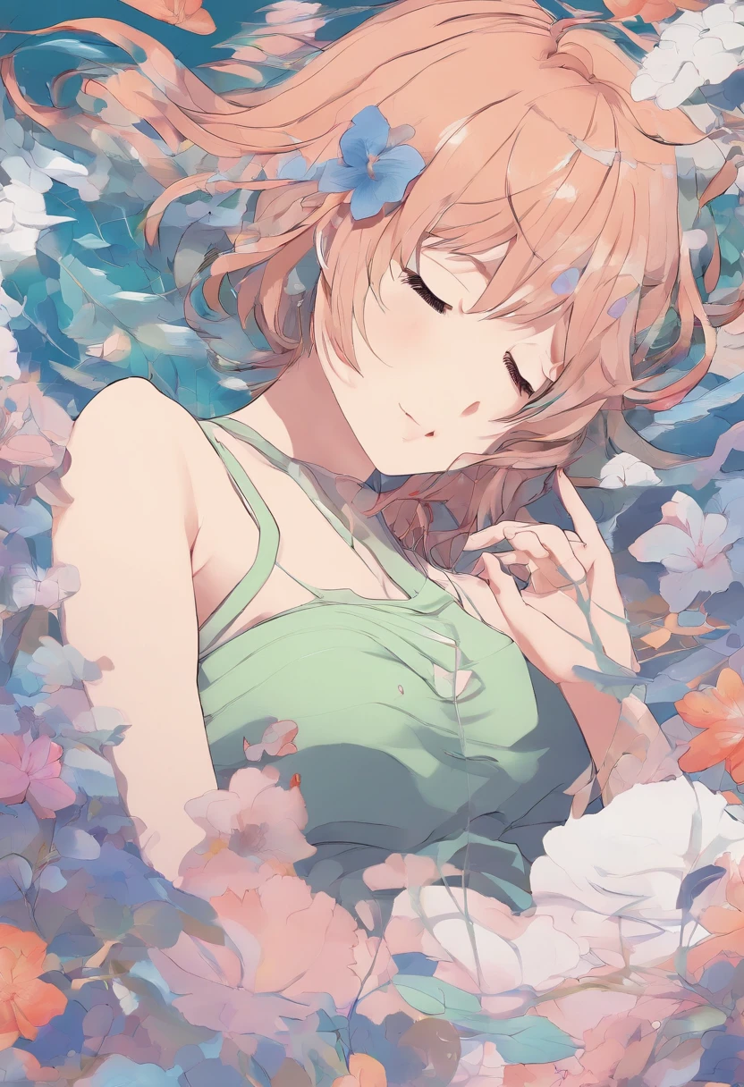 Anime girl in a green tank top laying in a bed of flowers - SeaArt AI