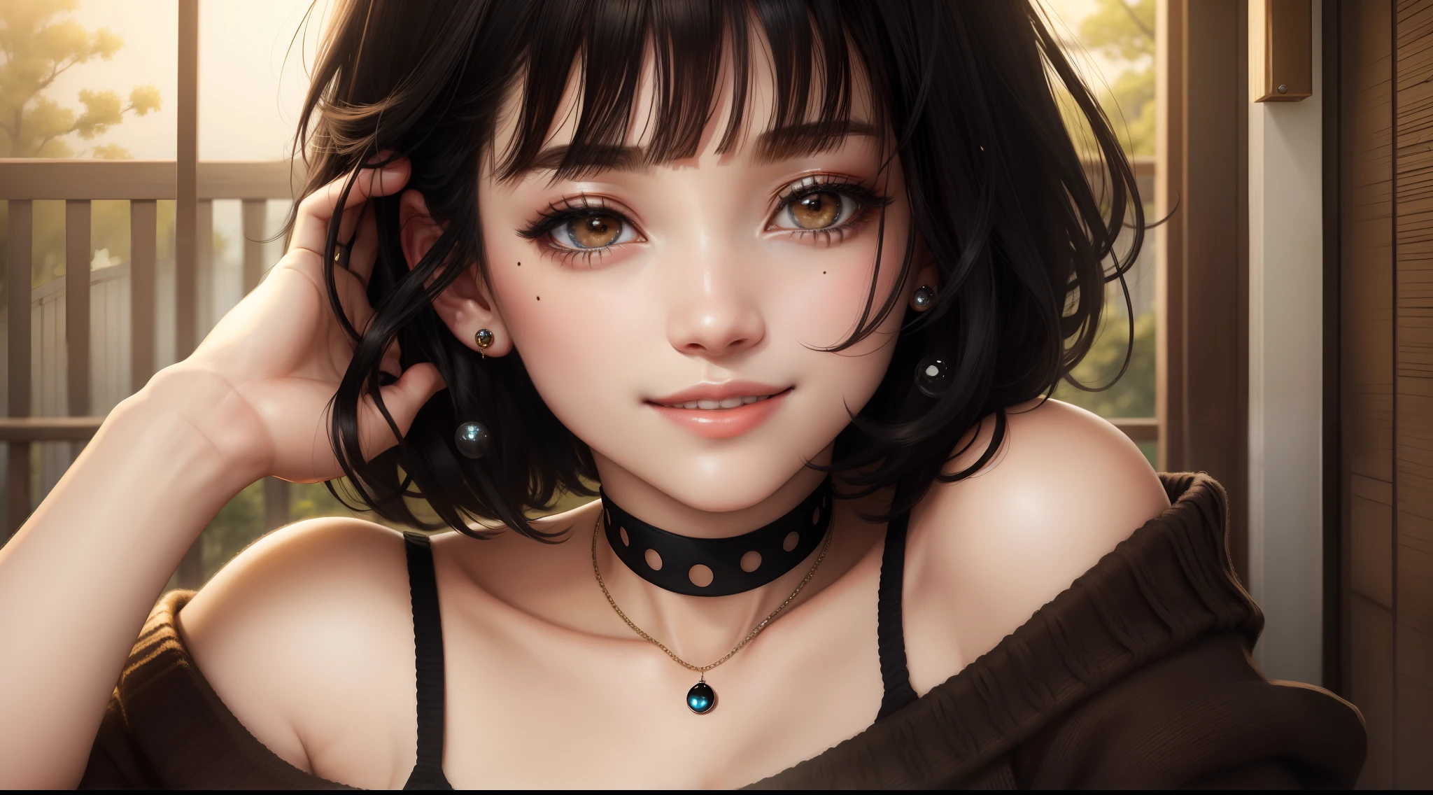 Top Quality, Masterpiece, Ultra High Resolution, Photorealistic, 1 Girl, Off Shoulder, Knit, Smile, Smile, Slightly Visible, oversized_sweater, Soft Lighting, Detailed Skin, Bangs, Black Hair, Clear Eyes, Short Bob Hair, Transparency, Japan, Korean, Beautiful Woman, Upper Eyes, Lip Gloss, Black Thick Choker, Teardrops, Mole on the Chest, Highlights in the eyes