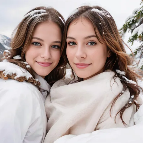 (upper body), two young girls take a playful selfie against the backdrop of a snowy mountain. The background features a picturesque river and a majestic bare tree, their branches reaching towards the sky. One of the girls has beautiful flowing blonde hair,...