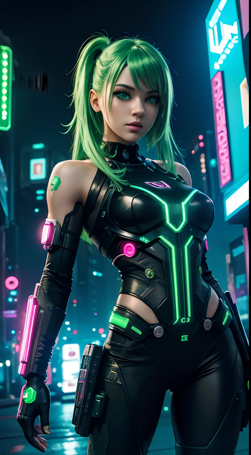 cyborg girl, machine gun hand, green eyes, cyberpunk city background, neon light, neon hair, greeting pose, masterpiece, ultra high details