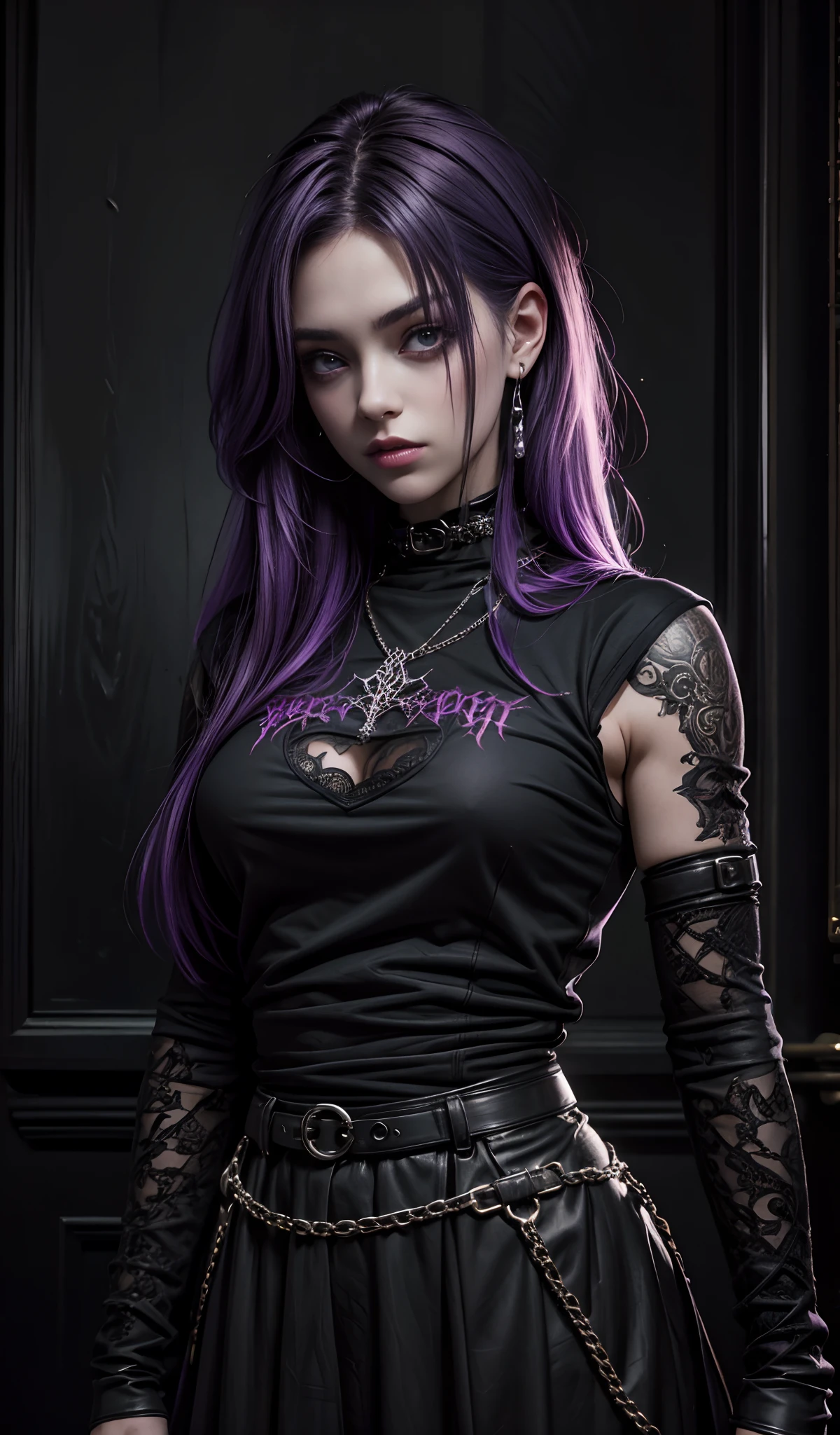 Une fille aux cheveux violets portant une chemise noire, Art gothique, beaucoup de détails, elle porte du streetwear, image ultra réaliste, cheveux foncés, Belle apparence, Fille gothique