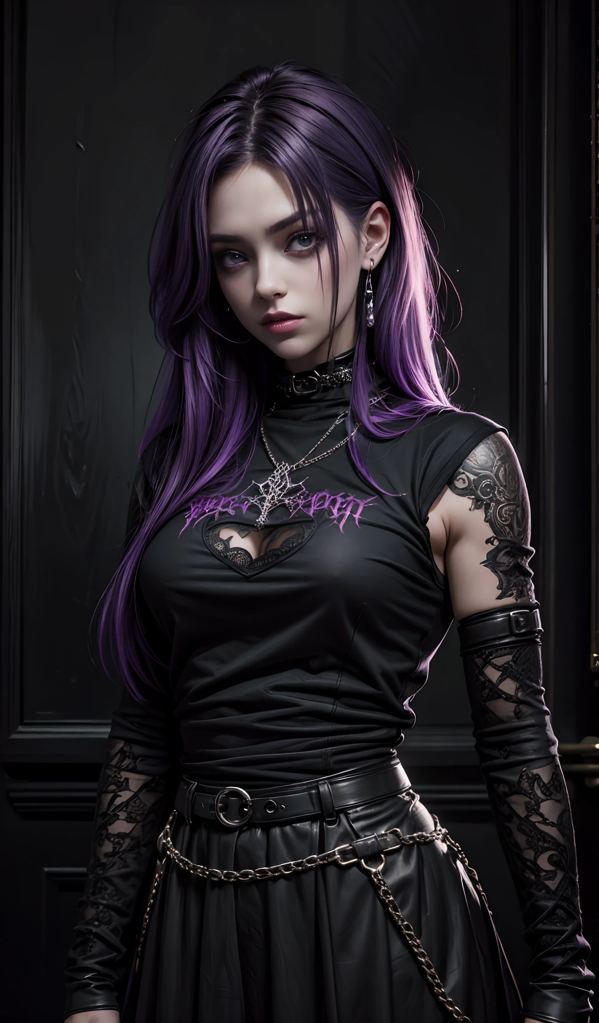 Uma menina com cabelo roxo vestindo uma camisa preta, arte gótica, muitos detalhes, ela está vestindo streetwear, ultra realistic image, cabelo escuro, Aparência bonita, garota gótica