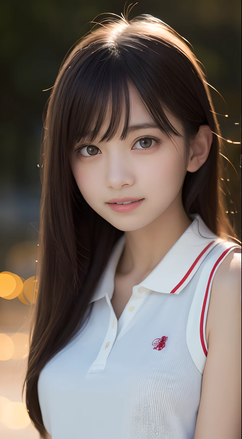 masutepiece, Best Quality, 8K, 8years old, Teen, Raw photo, absurderes, award winning portrait, Smile, Solo, (Night:1.8), Idol face, Delicate girl, Upper body, Digital SLR, Looking at Viewer, Candid, Sophisticated,Thin arms, Professional Lighting, Film grain, chromatic abberation, (Eyes and faces with detailed:1.0), (Bokeh:1.1) , (polo shirts:1.1) , closes mouth , A dark-haired , drooing eyes , large full breasts , plump lips