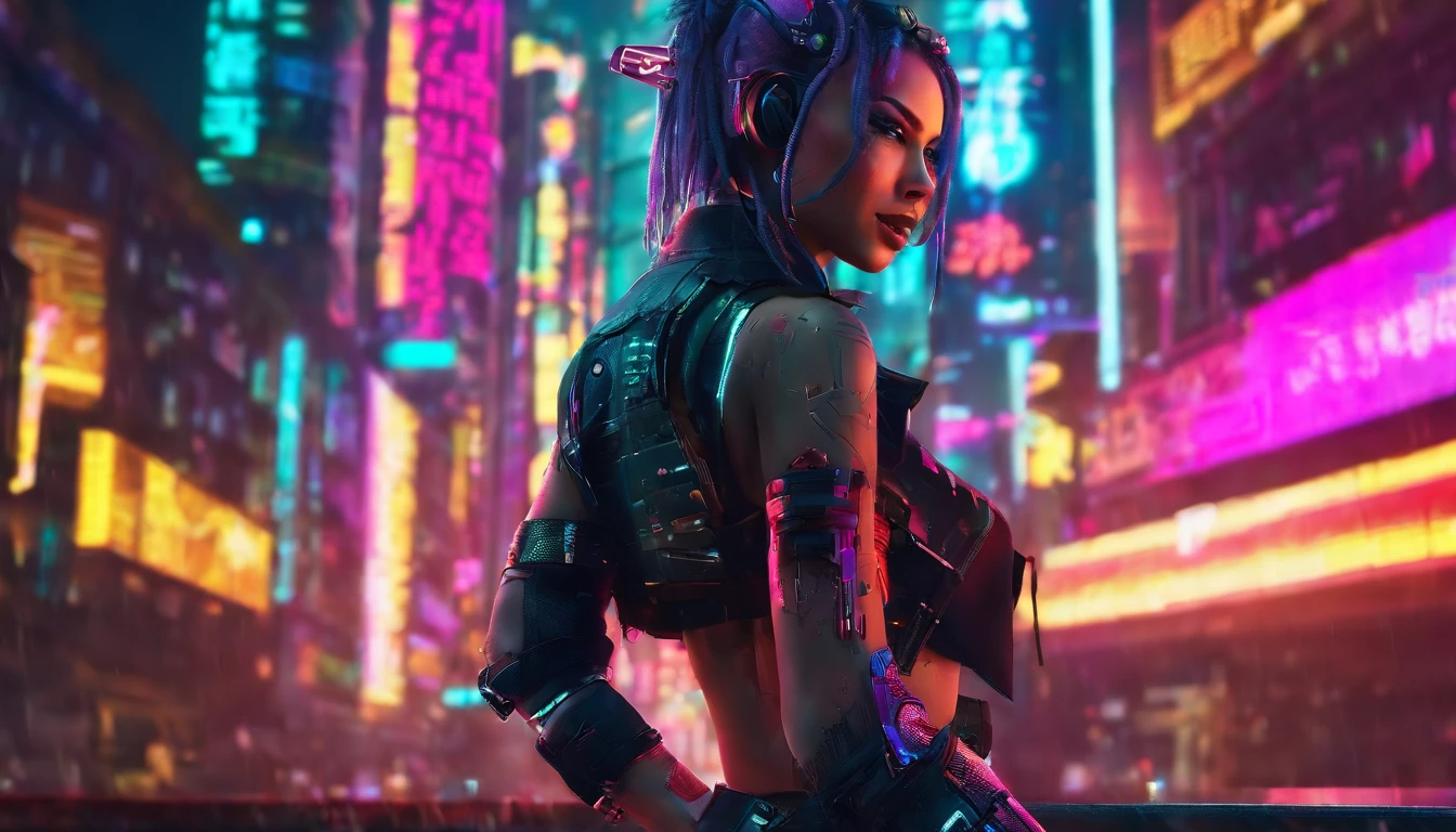 A woman in cyber clothes standing in front of a city at night - SeaArt AI