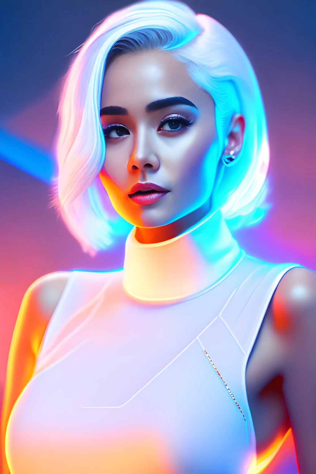 8k, hd, neon, retro, chic, full-length,
23-year-old girl, with short white hair pixie hairstyles, cute face, face like daenerys, toned body, elegant, white turtleneck tank top, blue trousers, night, neon, hd