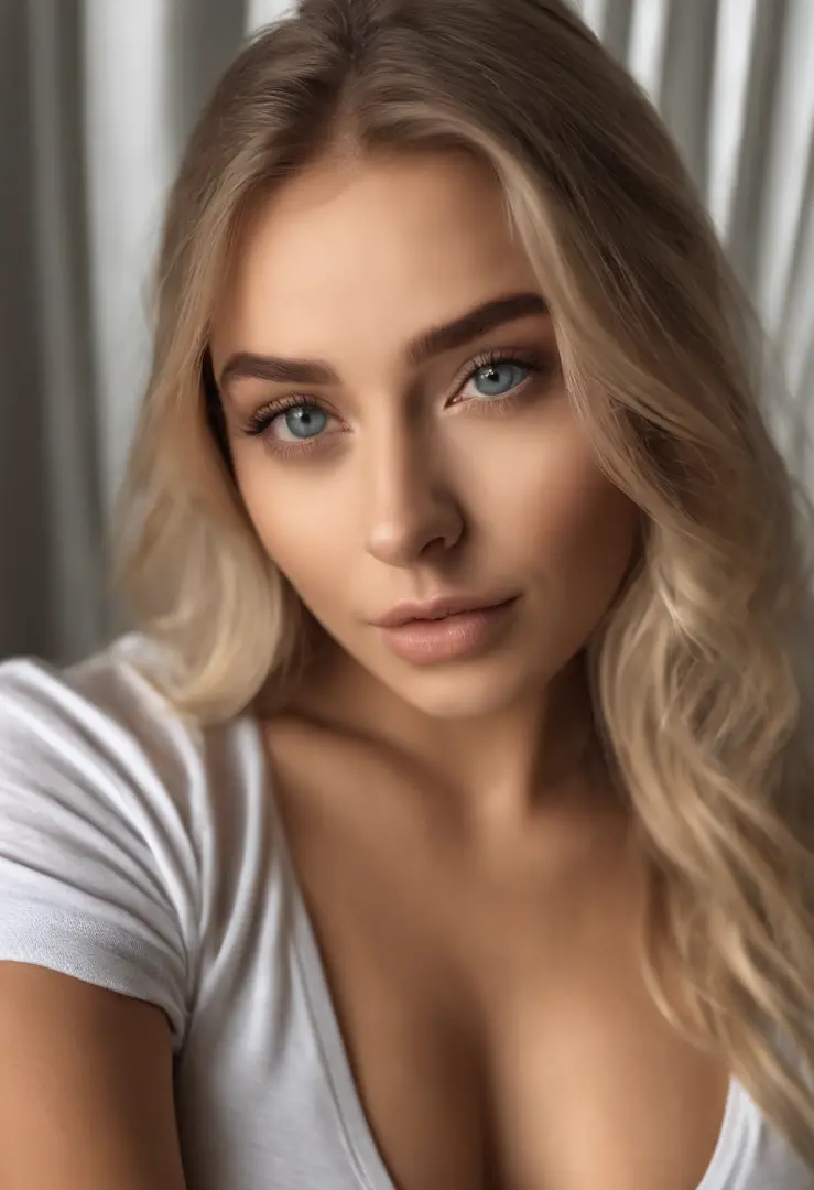 A woman in a matching T-shirt and panties, Sexy girl with blue eyes, portrait sophie mudd, Portrait of de Corinnne Kopf, blonde hair and large eyes, selfie of a young woman, Макияж Without, natural makeup, Look directly into the camera, face with artgram, ...