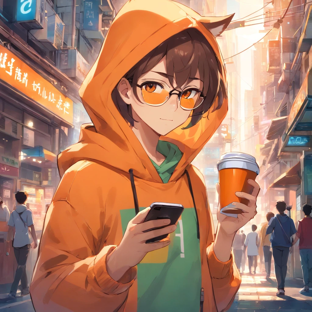 Anime girl in orange hoodie holding a cup of coffee and looking at her phone SeaArt AI