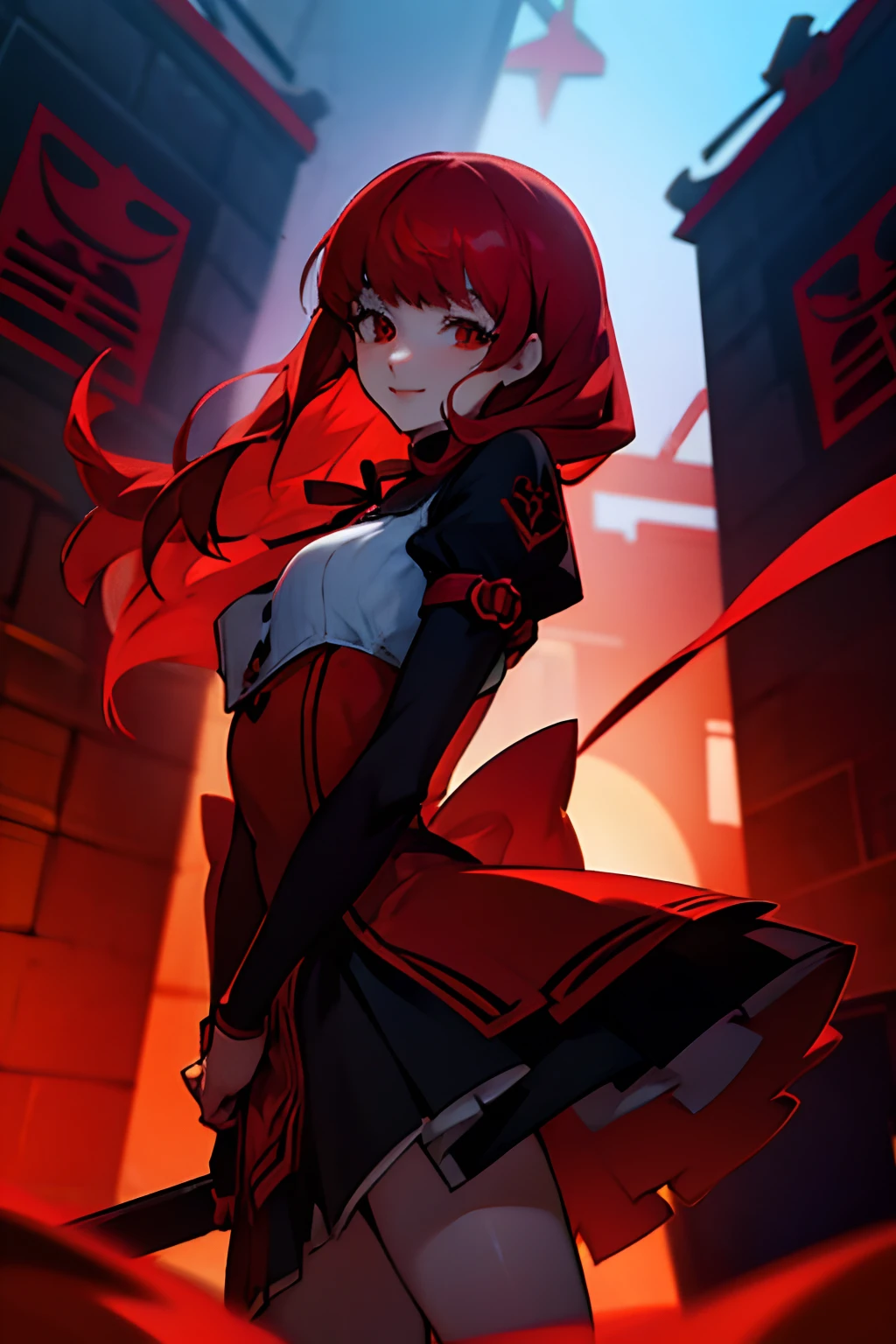 chica anime, largo rojo relacionado con el pelo de cinta, De pie en el pueblo medieval, Yoshizawa from persona 5, sonriente, obra maestra, Apariencia guay, 8K, 4k, calidad súper alta, anatomía perfecta, cuerpo perfecto, cara linda,