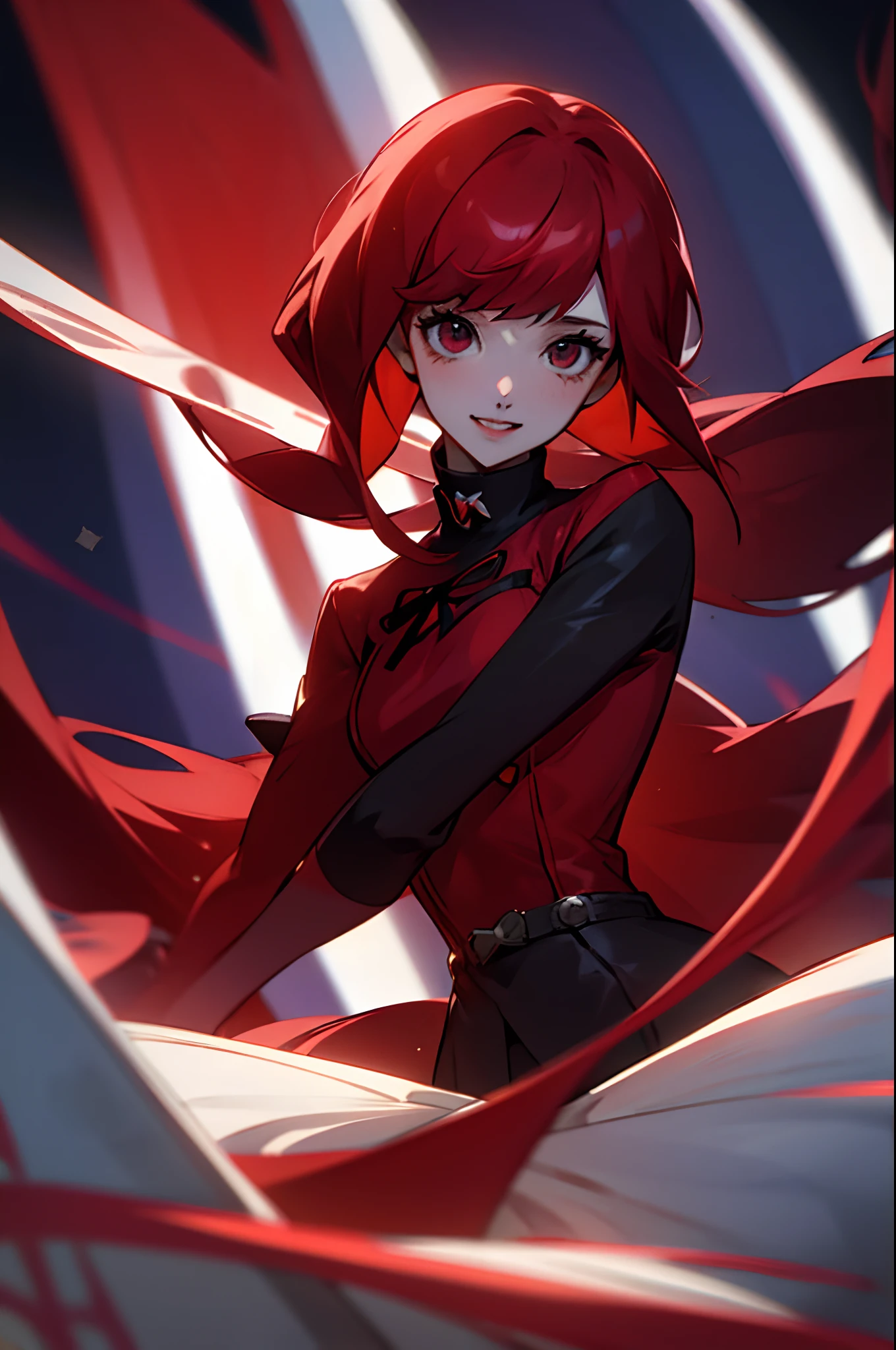 Menina anime, vermelho longo relacionado com cabelo de fita, Parado na vila medieval, Yoshizawa da persona 5, sorridente, obra de arte, aparência legal, 8K, 4K, super alta qualidade, anatomia perfeita, corpo perfeito, rosto fofo,