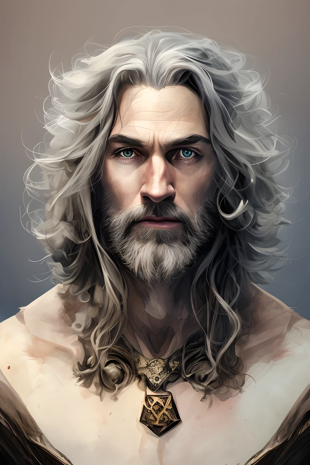 A man with long hair and a beard wearing a necklace - SeaArt AI