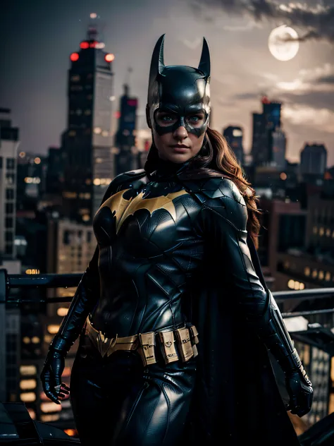 Batgirl, top of a building, striking a superhero pose, with an imposing presence. The scene is set at night, with a below view angle capturing the city skyline. The overall image quality is top-notch, with a sharp focus and captured in stunning 8k high def...