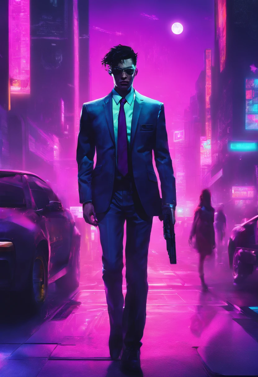 ((Skinny, male, businessman walking under night sky with moon out wearing a basic suit and tie)), cowboy shot, (black short shaggy hair with purple highlights), ((office cubicle background)), (highly detailed photo realistic), sharp focus, ultra high quality, vibrant, masterpiece, (cinematic lighting), ((male))