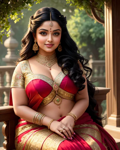 (masterpiece portrait photography:1.3) of a (solo:1.3) ravishing alluring chubby curvy  maharani aishwarya rai iyer, sitting on a regal swing in a palace, wearing ornate intricate sparkling armour, intricate robes, cape & saree, battle ready, navel, reflec...