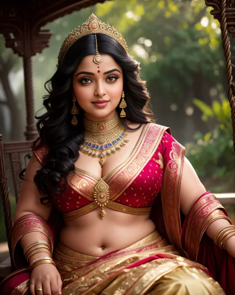 (masterpiece portrait photography:1.3) of a (solo:1.3) ravishing alluring chubby curvy  maharani aishwarya rai iyer, sitting on a regal swing in a palace, wearing ornate intricate sparkling armour, intricate robes, cape & saree, battle ready, navel, reflec...