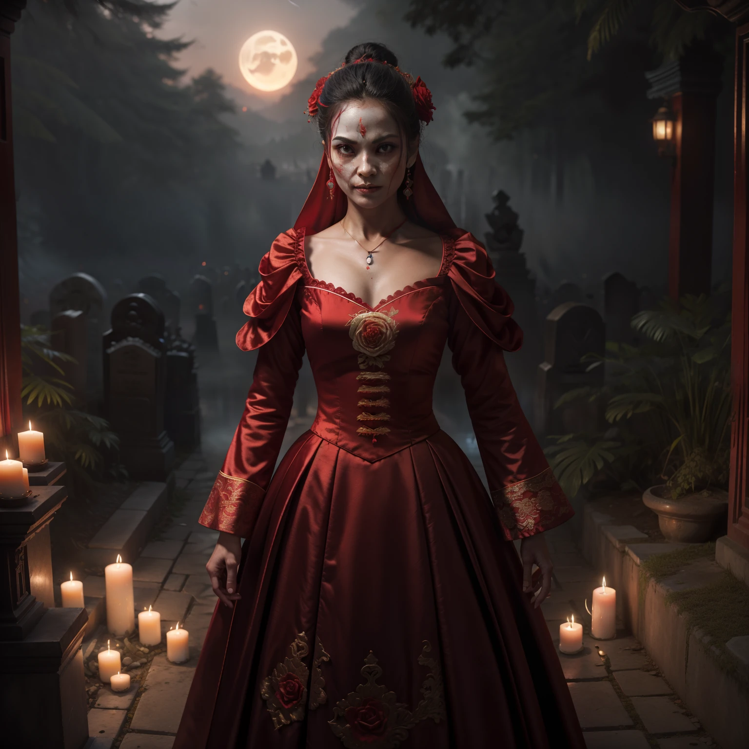 (CG de alta qualidade，O ultrarrealista，rico em detalhes，8k)，Noiva Fantasma，terrorista，Thriller，There are looming ghosts on all sides，realista，Super assustador，at midnight，quietude，graveyard，sangue，Red Chinese Wedding Dress