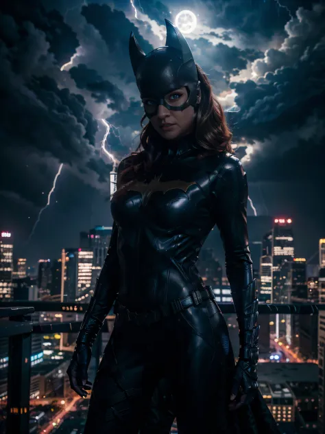 Batgirl, top of a building, superhero pose with cross arms. The scene is set at night, with a below view angle capturing the city skyline. The overall image quality is top-notch, with a sharp focus and captured in stunning 8k high definition. To add a uniq...