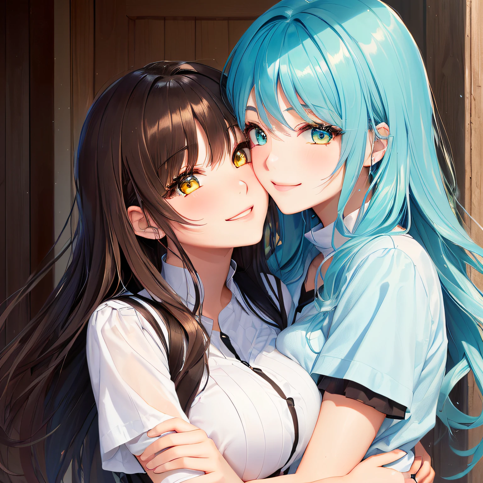 2 girls Bright Yellow eyes , bright teal eyes Fully  Short Brown Hair Two girls hugging and kissing Short brown wavy hair , long Light blue hair Short brown hair ,  , Big round  Fully  SMug smile Drench in  ages 25