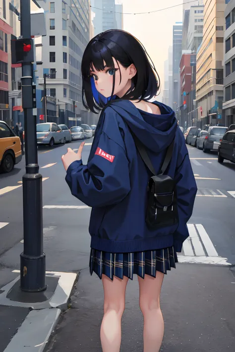 Looks Back，child，（​masterpiece，Highest Quality），Dark blue hoodie，plaid skirts，A dark-haired