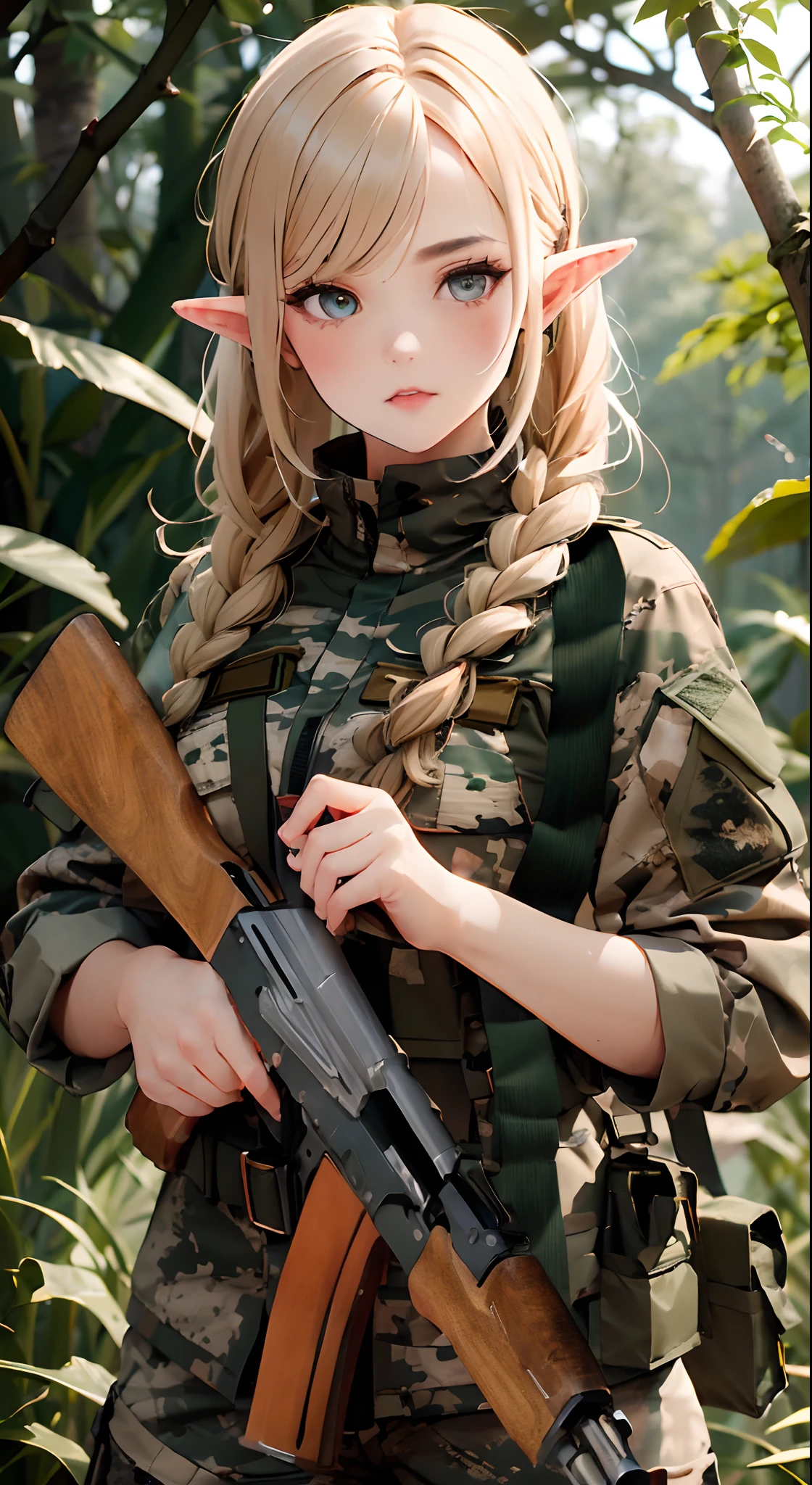 Женщина-эльф-солдат, в камуфляже «Пятнистый лес» российской военной формы, , подробные глаза, Подробные руки, подробное лицо, Детализированные волосы, (эльф с золотыми волосами), плетеная стрижка, держит АК47, Лесной фон