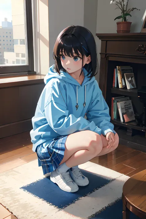 crouching down，child，（​masterpiece，Highest Quality），Light blue hoodie，plaid skirts，A dark-haired