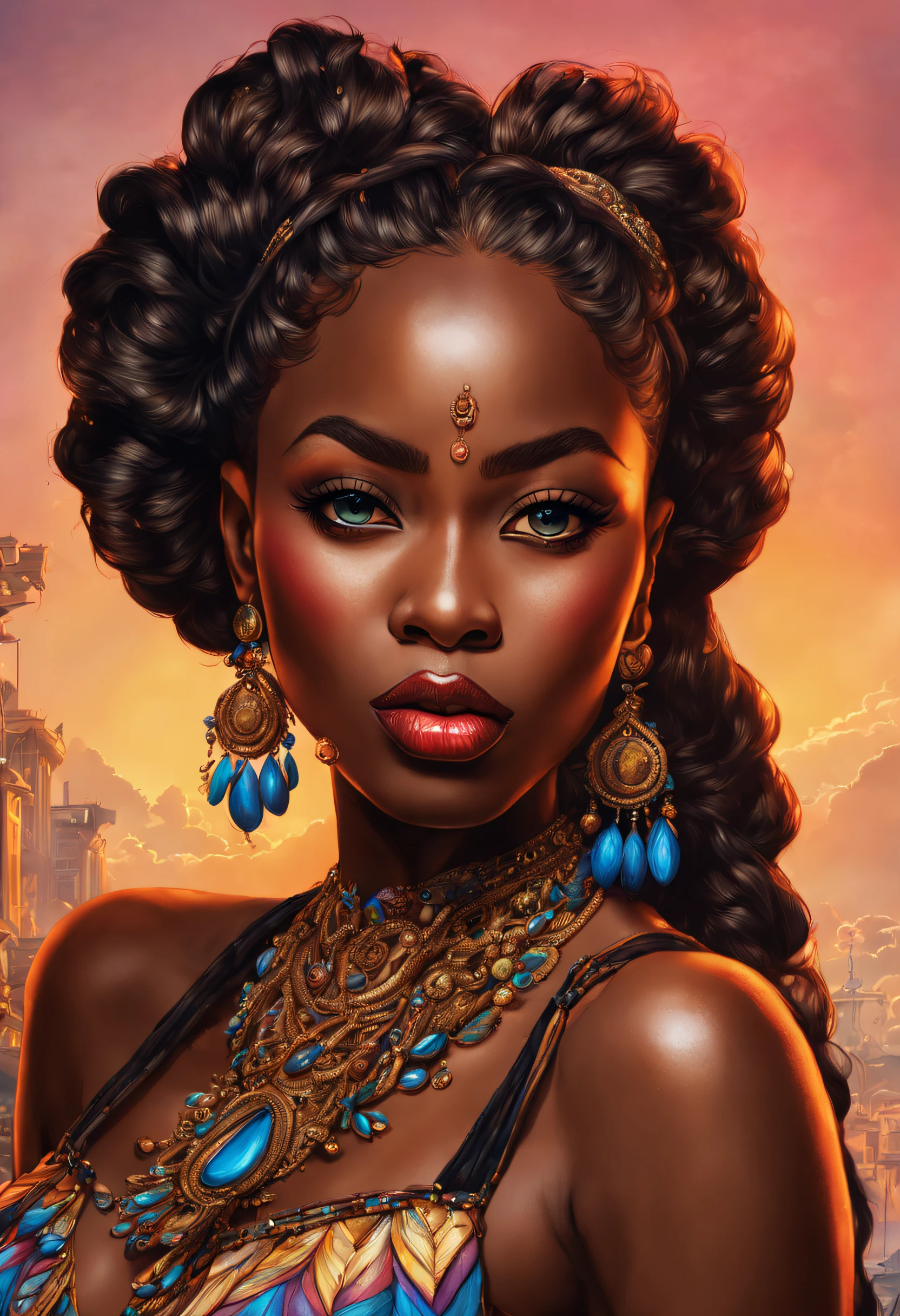(best quality,4k,8k,highres,masterpiece:1.2),ultra-detailed,(art,cartoon color:1.37), HDR, linhas grossas, portraits, African American woman, dark skin, elegant pose, sensual, beautiful curves, intricate details, elaborate hairstyle, strong facial features, mesmerizing eyes, full lips, smooth skin, high contrast, dramatic lighting, vibrant colors