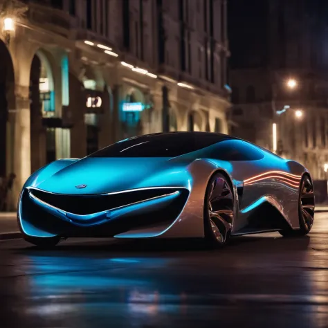 A futuristic car with a cinematic style, em ambiente urbano noturno, with neon lights reflecting its avant-garde and streamlined design