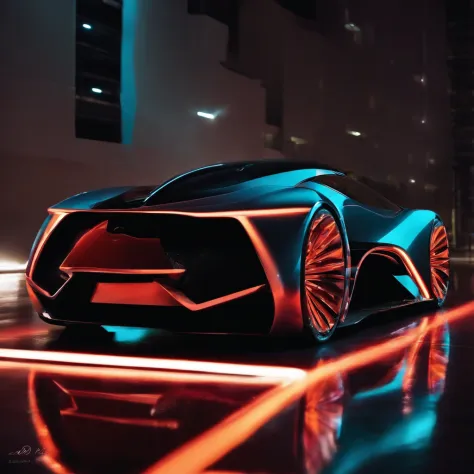 A futuristic car with a cinematic style, em ambiente urbano noturno, with neon lights reflecting its avant-garde and streamlined design