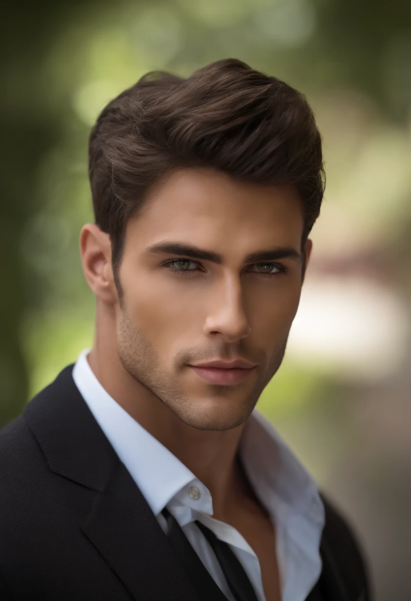 Realistic Handsome muscular guy with hazel eyes, dark brown hair